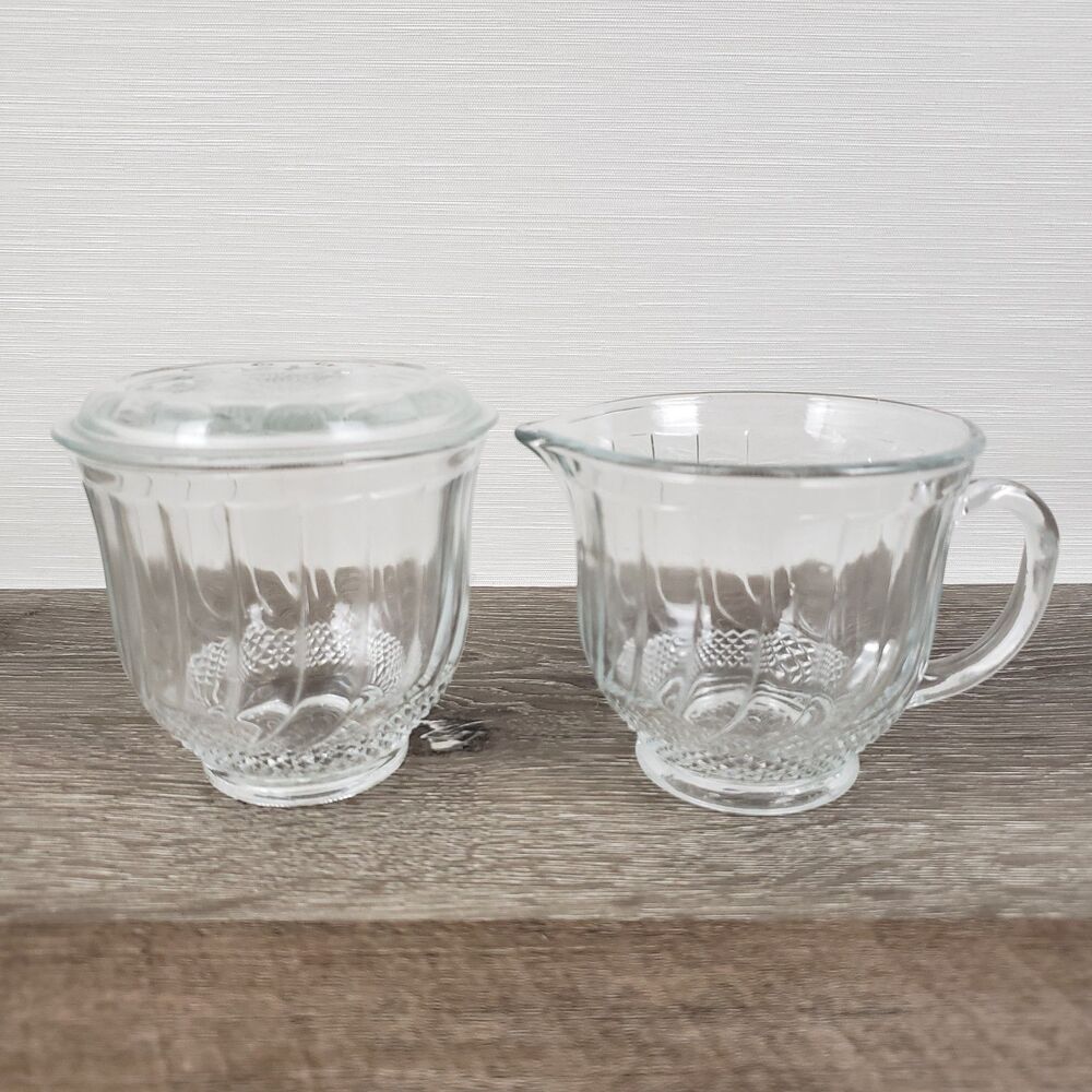 Kig Indonesia Creamer Sugar Bowl Sunflower Daisy Clear Glass VTG